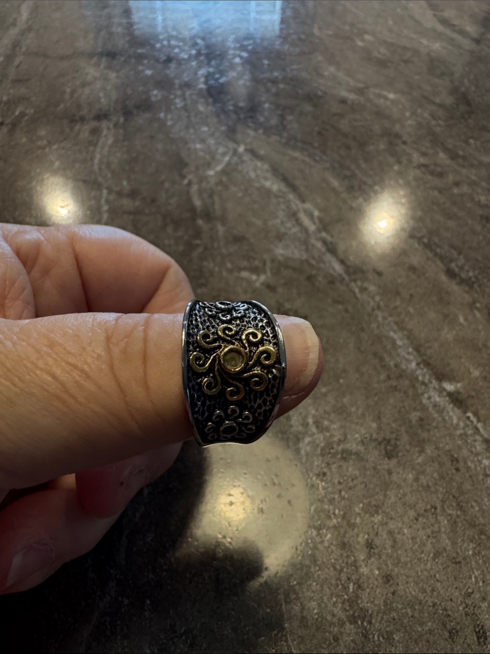 Ornate Filigree Wide Band Ring in Black and Gold